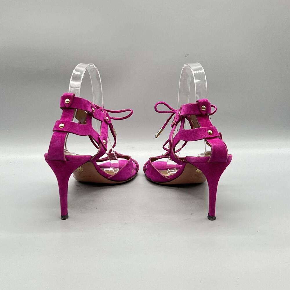 Aquazzura Sandals Womens 9.5 Pink Suede Strappy Lace Up Studded Heel Open Toe - Picture 6 of 11
